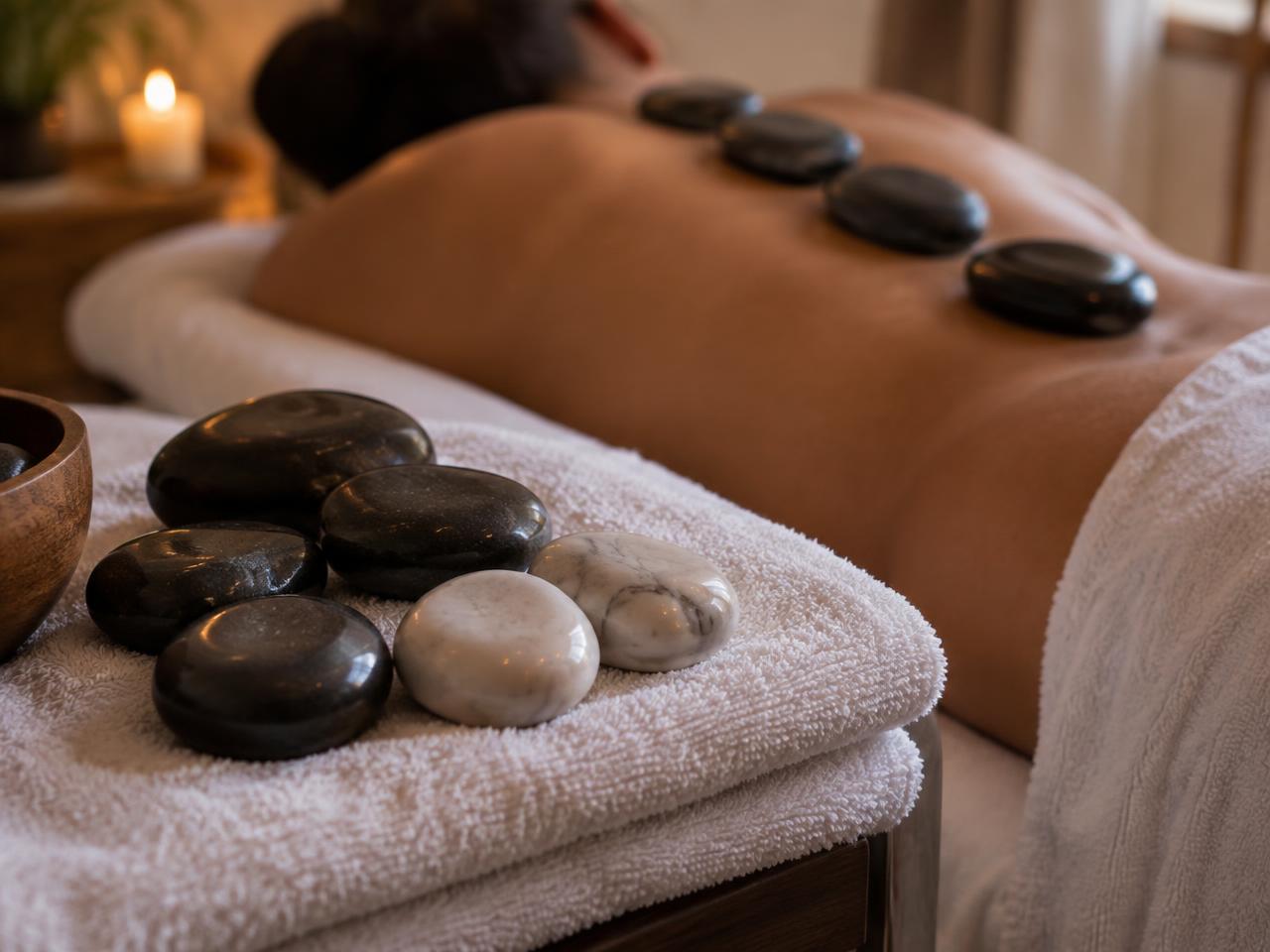 Hot and cold massage stones arranged for a treatment
