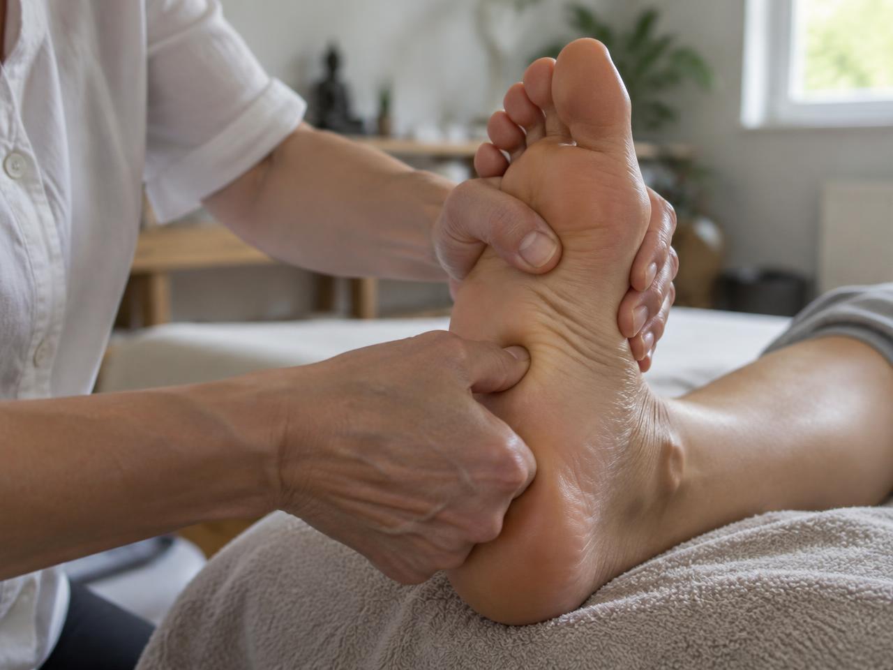 Therapist performing advanced reflexology techniques on a foot