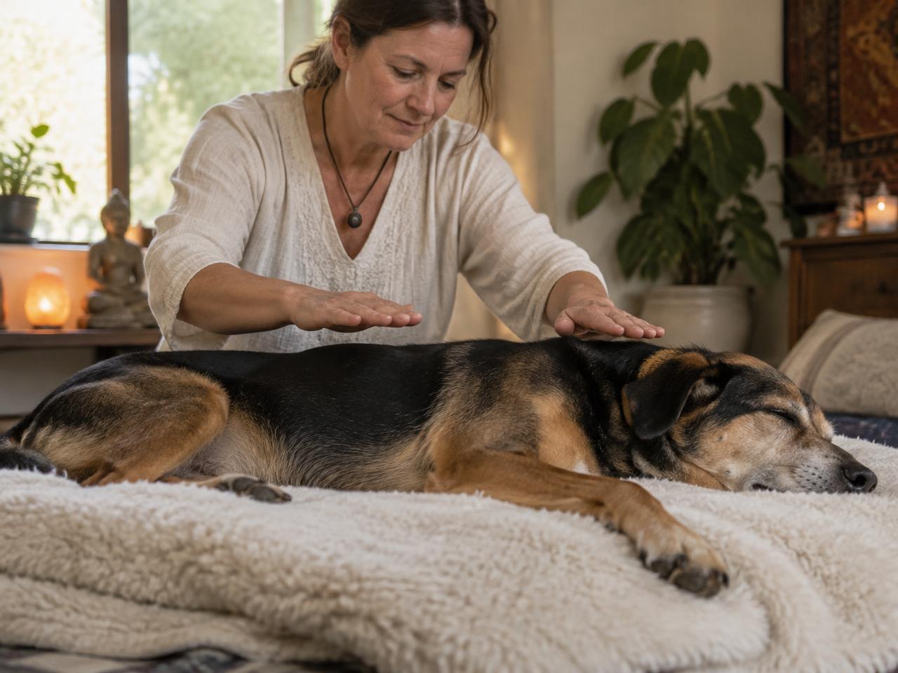 Energy therapy being performed on a calm dog