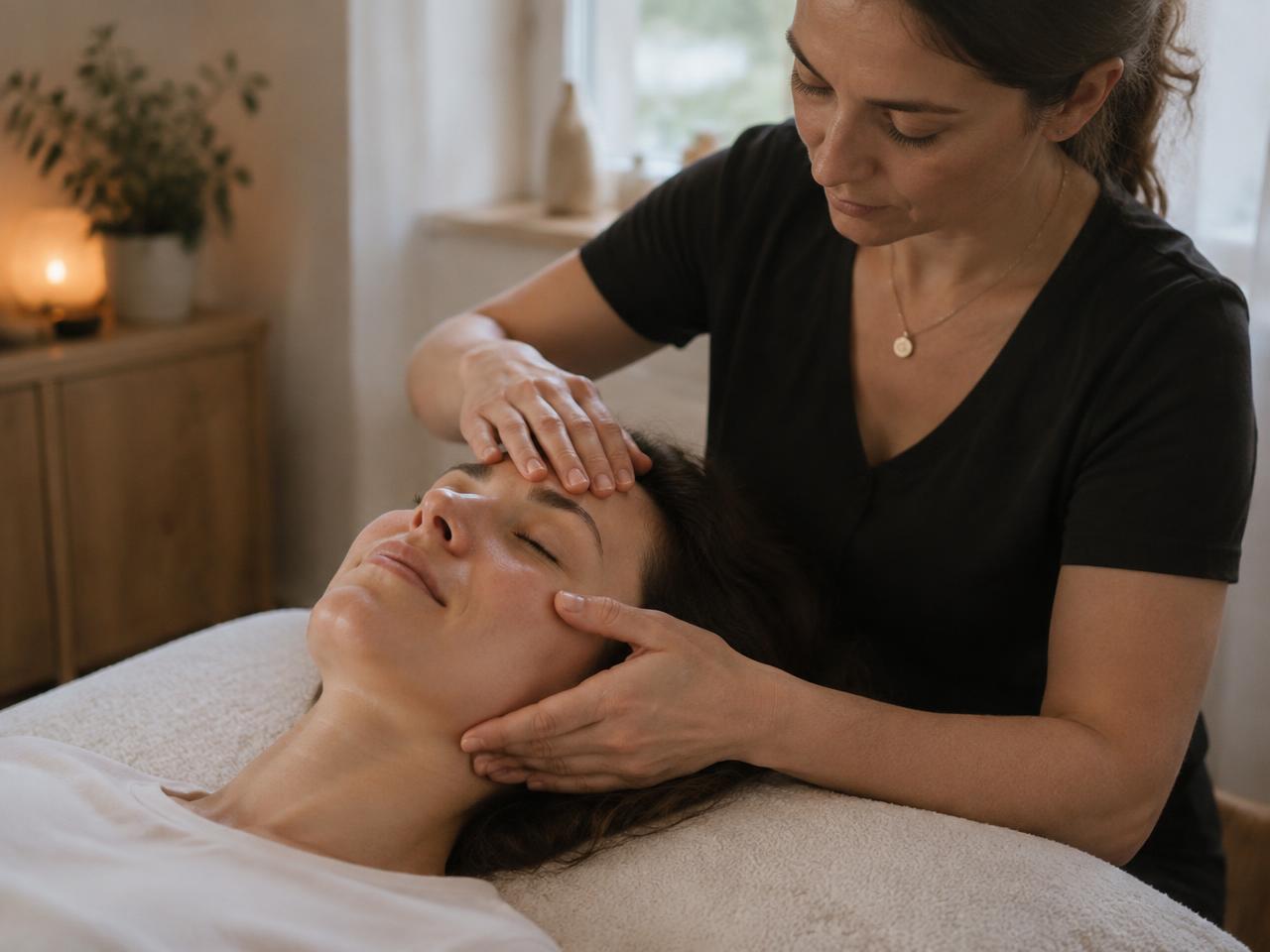 Facial reflexology being performed on a relaxed client