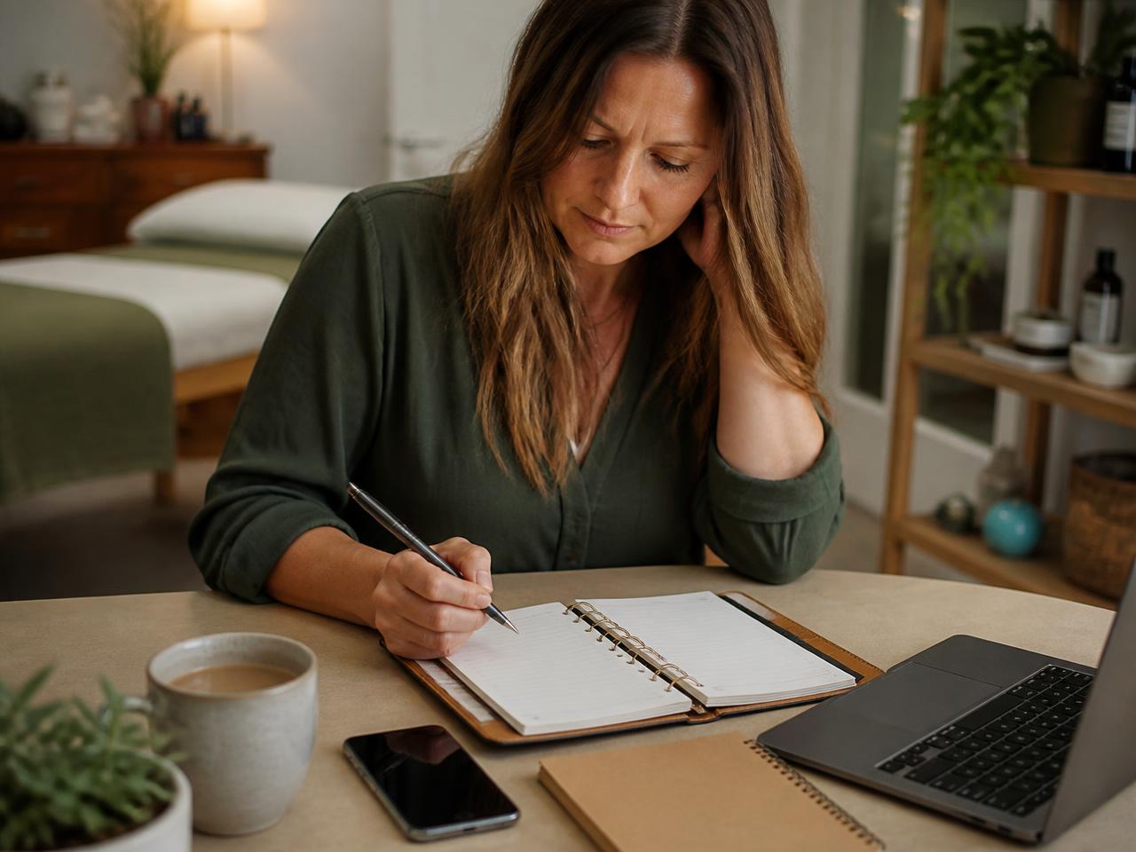 Therapist planning her practice at a warm wooden desk