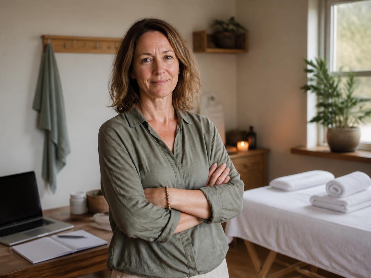 Qualified holistic therapist in her own treatment room with booking diary and laptop
