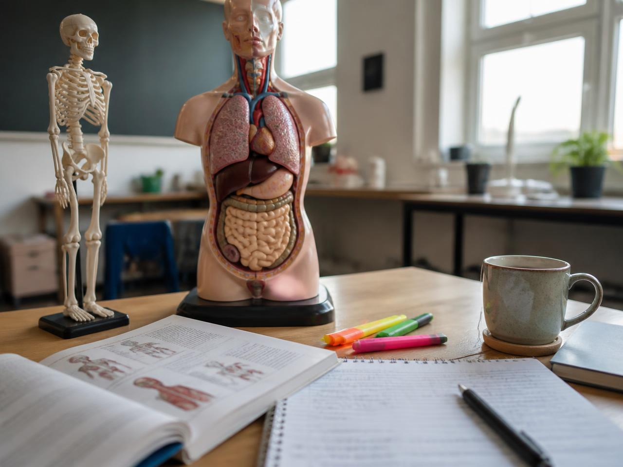 Anatomy study with charts and models in a bright training room