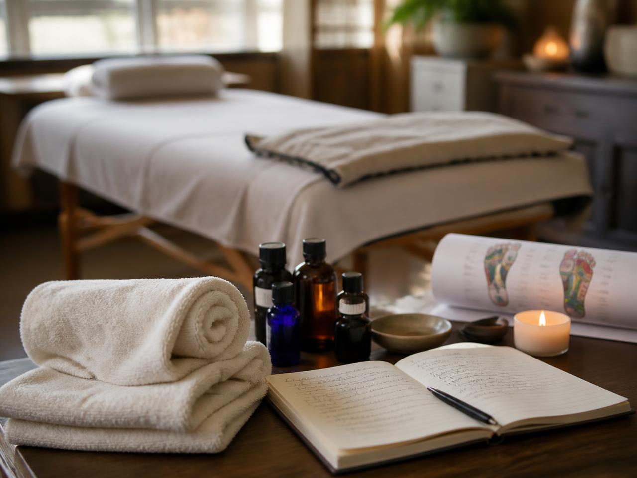 Therapist mapping out a multi-week client programme with oils and a reflexology chart